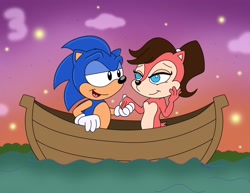 Size: 2048x1582 | Tagged: safe, artist:slysonic, sally acorn, sonic the hedgehog, chipmunk, hedgehog, 2026, boat, classic sally, classic sonic, duo, female, firefly, looking at each other, male, sally x sonic, shipping, sonic satam, straight, valentine's day, vehicle, water