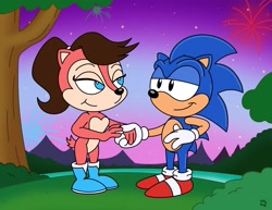 Size: 2048x1582 | Tagged: safe, artist:slysonic, sally acorn, sonic the hedgehog, chipmunk, hedgehog, 2026, classic sally, classic sonic, duo, female, fireworks, looking at each other, male, nighttime, sally x sonic, shipping, sonic satam, star (sky), straight, tree, valentine's day