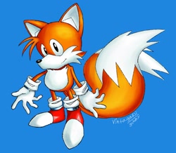 Size: 1503x1313 | Tagged: safe, artist:that1console, miles "tails" prower, fox, 2026, blue background, classic style, classic tails, male, redraw, signature, simple background, smile, solo, solo male, standing, style emulation