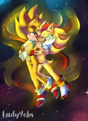 Size: 1501x2048 | Tagged: safe, artist:ladyyobs, shadow the hedgehog, sonic the hedgehog, super shadow, super sonic, hedgehog, 2020, duo, duo male, flying, galaxy background, gay, holding each other, hugging, hugging from behind, lidded eyes, male, males only, mid-air, shadow x sonic, shipping, signature, smile, sonadow week, star (sky), super form
