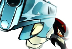 Size: 1238x858 | Tagged: safe, artist:nidongnedong, shadow the hedgehog, hedgehog, 2026, close-up, gun, holding something, looking at viewer, male, object focus, simple background, solo, solo male, standing, white background