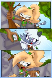 Size: 1206x1800 | Tagged: safe, artist:nonicpower, tangle the lemur, whisper the wolf, lemur, wolf, 2025, alternate outfit, border, clenched teeth, cliff, clouds, comic, daytime, duo, duo female, eyes closed, female, females only, hanging on, holding hands, holding something, holding them, mouth open, one fang, outdoors, signature, tree, tree branch