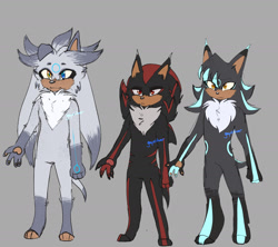 Size: 1800x1600 | Tagged: safe, artist:catboyjailcell, shadow the hedgehog, silver the hedgehog, oc, oc:sable (catboyjailcell), hedgehog, 2024, barefoot, family, fankid, father and child, freckles, frown, fur markings, grey background, heterochromia, looking offscreen, magical gay spawn, male, nonbinary, parent and child, parent:shadow, parent:silver, parents:shadilver, pawpads, paws, simple background, smile, trio