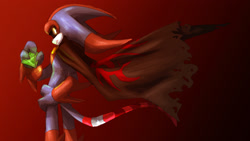 Size: 1920x1080 | Tagged: safe, artist:fosermi, eclipse the darkling, 2024, alien, alternate universe, au:sacrificed chaos, black sclera, cape, chaos emerald, gradient background, holding something, shadow's logo, smile, solo, standing, torn cape