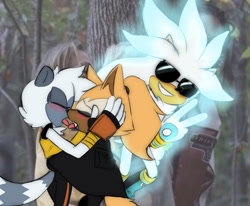 Size: 1012x835 | Tagged: safe, artist:seasaltcosmos, tangle the lemur, whisper the wolf, hedgehog, lemur, wolf, 2026, blushing, female, flying, holding each other, kiss, lesbian, male, meme, mid-air, photographic background, psychokinesis, shipping, standing, sunglasses, tangle x whisper, third wheel, tongue out, trio, v sign