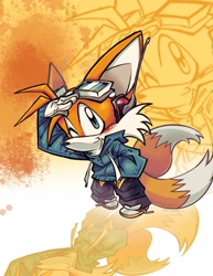 Size: 2550x3300 | Tagged: safe, artist:jojoleafy1234, miles "tails" prower, fox, 2026, blushing, clothes, cute, echo background, eyewear on head, goggles, goggles on head, hand in pocket, jacket, looking at viewer, pants, salute, shoelaces, smile, solo, standing, tailabetes, untied shoelace, wink