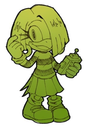 Size: 318x466 | Tagged: safe, artist:yeet111111, tekno the canary, bird, 2026, canary, clothes, hair over one eye, holding something, looking at viewer, monochrome, mouth open, open smile, remote controller, simple background, smile, smiling at viewer, solo, standing, white background