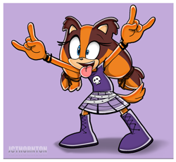 Size: 1211x1114 | Tagged: safe, artist:jcthornton, sticks the badger, badger, 2025, belt, boots, border, clothes, cosplay, crossover, crossover cosplay, devil horns (gesture), female, looking at each other, luna loud, mouth open, purple background, simple background, skirt, skull, solo, solo female, style emulation, the loud house, tongue out, uekawa style