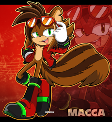 Size: 1250x1350 | Tagged: safe, artist:sonictheedgehog, oc, oc:macca the chipmunk, chipmunk, hybrid, squirrel, 2022, boots, border, chipped ear, clothes, echo background, eyewear on head, gloves, hand on hip, lidded eyes, looking up, male, oc only, outline, smile, solo, solo male, standing, sunglasses