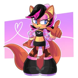 Size: 1500x1500 | Tagged: safe, artist:pinkuunegai, oc, oc:sadie the chipmunk, chipmunk, 2022, belly button, boots, clothes, crop top, dyed hair, eye clipping through hair, female, hand on hip, heart, jacket, lidded eyes, looking at viewer, midriff, necklace, oc only, outline, pointing, skirt, smile, solo, solo female, standing, tongue out