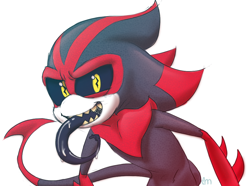 Size: 1054x785 | Tagged: safe, artist:maximum124, eclipse the darkling, 2015, alien, black sclera, long tongue, looking at viewer, male, mouth open, saliva, sharp teeth, simple background, smile, solo, standing, tongue out, white background
