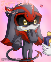 Size: 1400x1700 | Tagged: safe, artist:shadipse, eclipse the darkling, shadow the hedgehog, hedgehog, 2015, absurd res, alien, birthday, black sclera, blushing, covering mouth, crying, cute, dialogue, duo, duo male, eclipseabetes, english text, gradient background, happy birthday, heart, holding something, looking offscreen, male, males only, offscreen character, present, smile, solo focus, standing, surprised, tears, tears of happiness, text, wholesome, yellow tongue