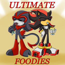 Size: 3200x3200 | Tagged: safe, artist:issy2610, artist:shadipse, eclipse the darkling, shadow the hedgehog, hedgehog, 2016, alien, blood, blushing, collaboration, duo, duo male, eating, english text, eyes closed, fish, food, hand on hip, holding something, ice cream, literal animal, male, spoon, standing, text, ultimate lifeform
