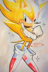 Size: 1385x2048 | Tagged: safe, artist:seaminglygood, sonic the hedgehog, super sonic, hedgehog, 2026, arms folded, flying, looking at viewer, male, mid-air, no mouth, pointing, signature, solo, sparkles, super form, traditional media