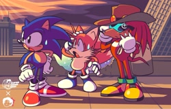Size: 1561x1001 | Tagged: safe, artist:marcuslarry627, artist:superdeionbro, knuckles the echidna, miles "tails" prower, sonic the hedgehog, echidna, fox, hedgehog, sonic the ova, 2023, abstract background, blue shoes, classic knuckles, classic sonic, classic tails, collaboration, frown, knuckles' hat, looking offscreen, mouth open, one fang, outdoors, redraw, sack, shocked, standing, sunglasses, sweatdrop, team sonic, trio