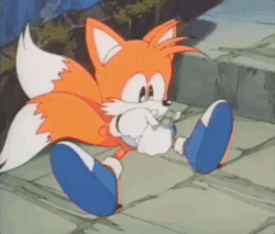 Size: 474x404 | Tagged: safe, editor:nebacer, miles "tails" prower, sonic the ova, animated, blue shoes, edit, gif, sitting, solo, treads, watch