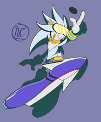 Size: 2850x3459 | Tagged: artist needed, safe, silver the hedgehog, hedgehog, sonic riders: zero gravity, extreme gear, eyewear on head, goggles, goggles on head, looking at viewer, male, mouth open, open smile, pointing, purple background, riders style, signature, simple background, ski goggles, smile, solo, style emulation
