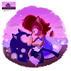 Size: 1144x1144 | Tagged: safe, artist:softy123s, sally acorn, sonic the hedgehog, chipmunk, hedgehog, 2025, alternate outfit, clothes, dress, duo, female, looking at each other, male, redraw, sally x sonic, shipping, steven universe (series), straight