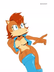 Size: 1536x2048 | Tagged: safe, artist:soranygyart, sally acorn, chipmunk, 2026, female, fighting pose, pose, sally's vest and boots, simple background, solo, white background