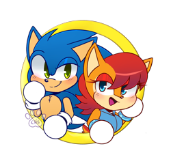 Size: 1280x1164 | Tagged: safe, artist:syrcaii, sally acorn, sonic the hedgehog, chipmunk, hedgehog, 2023, alternate version, blushing, chibi, duo, female, male, sally x sonic, sally's ringblader outfit, shipping, smile, straight