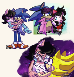 Size: 1280x1339 | Tagged: safe, artist:tracingpapier, sally acorn, sonic the hedgehog, super sonic, chipmunk, hedgehog, 2022, alternate outfit, bubblegum, carrying them, clothes, duo, female, glasses, looking at viewer, male, sally x sonic, sally's vest and boots, shipping, space, straight, super form, tears, tears of happiness, vest