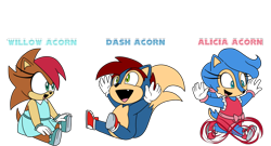 Size: 1280x692 | Tagged: safe, artist:tvict101, oc, oc:alicia acorn, oc:dash acorn, oc:willow acorn, chipmunk, hedgehog, 2021, alternate universe, au:mobius x years later, blank background, character name, child, cute, english text, falling, happy, parent:sally, parent:sonally, parent:sonic, running, sitting, trio
