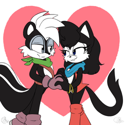 Size: 2000x2000 | Tagged: safe, artist:yoshiyoshi700, geoffrey st. john, hershey the cat, cat, skunk, 2022, duo, female, geoffrey x hershey, hands together, heart, heart background, looking at each other, male, shipping, smile, straight