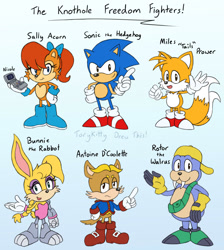 Size: 1280x1428 | Tagged: safe, antoine d'coolette, bunnie rabbot, miles "tails" prower, nicole the handheld, rotor walrus, sally acorn, sonic the hedgehog, chipmunk, coyote, fox, hedgehog, rabbit, walrus, 2025, cap, character name, classic antoine, classic bunnie, classic rotor, classic sally, classic sonic, classic style, classic tails, english, female, freedom fighters, frown, gradient background, group, hat, head tilt, holding something, looking at viewer, male, mouth open, open smile, ponytail, pose, redesign, roboticized, smile, smiling at viewer, text