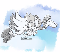 Size: 1250x1080 | Tagged: safe, artist:fliviartoon, sally acorn, sonic the hedgehog, chipmunk, hedgehog, 2022, daytime, duo, falling, female, holding each other, male, sally x sonic, sally's ringblader outfit, shipping, straight