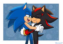 Size: 2586x1806 | Tagged: safe, artist:fennecp, shadow the hedgehog, sonic the hedgehog, hedgehog, 2025, cute, duo, eyes closed, gay, hugging, lidded eyes, looking at them, male, shadow x sonic, shadowbetes, shipping, smile, standing