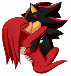 Size: 1280x1379 | Tagged: safe, artist:fire-for-battle, knuckles the echidna, shadow the hedgehog, 2020, blushing, duo, eyes closed, gay, holding each other, hugging, kiss, knuxadow, shipping, simple background, sitting, white background
