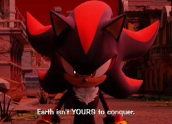 Size: 2000x1440 | Tagged: safe, artist:ladylunanova, shadow the hedgehog, 2025, 3d, dialogue, english text, frown, grass, looking at viewer, outdoors, shadow the hedgehog (video game), solo, standing, text