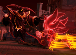 Size: 2000x1440 | Tagged: safe, artist:ladylunanova, black doom, shadow the hedgehog, 2025, 3d, duo, fight, glowing, mid-air, outdoors, reaching out, shadow the hedgehog (video game), skating