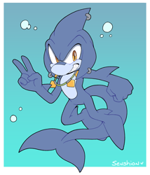 Size: 2456x2870 | Tagged: safe, artist:senshion, razor the shark, 2023, barefoot, border, bubbles, flat colors, gradient background, looking at viewer, smile, solo, v sign, water