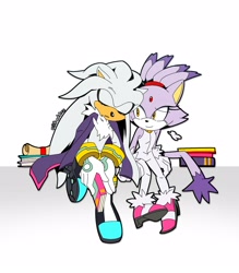 Size: 1400x1600 | Tagged: safe, artist:milk-addicc, blaze the cat, silver the hedgehog, cat, hedgehog, 2026, book, duo, female, holding something, leaning on them, male, shipping, silvaze, simple background, sitting, sleeping, straight