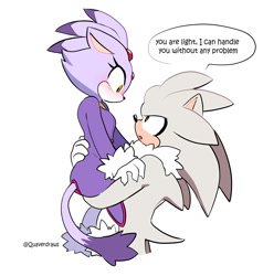 Size: 1900x2000 | Tagged: safe, artist:quaverdraws, blaze the cat, silver the hedgehog, cat, hedgehog, 2025, blushing, carrying them, dialogue, duo, english text, female, looking at each other, male, shipping, silvaze, simple background, speech bubble, straight, white background