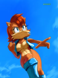 Size: 1536x2048 | Tagged: safe, artist:soranygyart, sally acorn, chipmunk, 2026, daytime, female, fighting pose, fist, frown, looking offscreen, pose, sally's vest and boots, solo