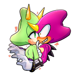 Size: 1000x1000 | Tagged: safe, artist:thechaosspirit, espio the chameleon, oc, oc:emerald the iguana, lizard, 2017, blushing, bust, canon x oc, chameleon, duo, embarrassed, female, heart, iguana, lidded eyes, looking at them, male, shipping, shrunken pupils, simple background, straight, surprised, transparent background