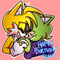 Size: 1000x1000 | Tagged: safe, artist:thechaosspirit, miles "tails" prower, oc, oc:ruby the racoon, fox, raccoon, 2017, blushing, bust, canon x oc, clenched teeth, duo, english text, exclamation mark, eyes closed, female, grin, heart, holding hands, male, outline, pink background, shipping, simple background, smile, straight, text, white outline