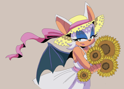Size: 1254x903 | Tagged: safe, artist:sonicfan2026, rouge the bat, 2023, beige background, bow, dress, female, flower, hat, holding something, lidded eyes, looking at viewer, ribbon, simple background, smile, solo, standing, summer, summer dress, sun hat, sunflower