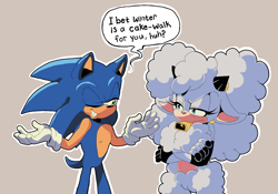 Size: 1460x1022 | Tagged: safe, artist:sonicfan2026, lanolin the sheep, sonic the hedgehog, hedgehog, sheep, 2023, arms folded, beige background, chest fluff, clenched teeth, crotch fluff, duo, female, fluffy, frown, lanolin is not amused, lidded eyes, looking at each other, male, outline, pink nose, shrugging, simple background, smile, talking, unamused, wink
