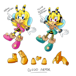 Size: 3000x3000 | Tagged: safe, artist:evolutionfreak, saffron bee, bee, 2017, alternate eye color, aviator jacket, blue eyes, dress, duality, english text, female, gloves, green shoes, jacket, looking at viewer, mouth open, open smile, pink eyes, pointing, redesign, shoes, simple background, skirt, smile, solo, text, transparent background