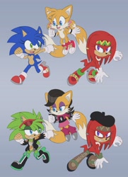 Size: 1402x1935 | Tagged: safe, artist:itoruna-the-platypus, knuckles the echidna, miles "tails" prower, miles (anti-mobius), scourge the hedgehog, sonic the hedgehog, echidna, fox, hedgehog, 2024, alternate hairstyle, alternate outfit, anti-mobius, boots, clenched teeth, dress, female, females only, fingerless gloves, flat colors, frown, gender swap, gradient background, group, hat, headband, heels, o'nux (anti-mobius), sharp teeth, smile, team anti-mobius, team sonic