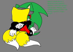 Size: 1024x733 | Tagged: safe, artist:askscouriles, miles (anti-mobius), scourge the hedgehog, fox, hedgehog, 2015, crying, dialogue, duo, english text, eyes closed, flat colors, gay, grey background, hugging, male, sad, scouriles, shipping, simple background, standing, text