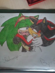 Size: 480x640 | Tagged: safe, artist:sonadow4ever98, scourge the hedgehog, shadow the hedgehog, hedgehog, 2013, blushing, duo, gay, gloves swap, hugging, male, mouth open, shadourge, shipping, smile, tongue out, tongue piercing, traditional media