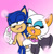 Size: 558x567 | Tagged: safe, artist:sonadow4ever98, rouge the bat, sonic the hedgehog, bat, hedgehog, 2014, age difference, duo, eyelashes, female, flat colors, gradient background, holding arm, lidded eyes, looking at them, looking away, looking offscreen, male, mouth open, ms paint, one fang, rouge x sonic, shipping, smile, standing, straight, sweatdrop, wink