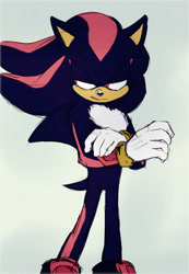 Size: 800x1156 | Tagged: safe, artist:un-genesis, shadow the hedgehog, hedgehog, 2016, flat colors, frown, grey background, hand on arm, lidded eyes, looking offscreen, male, simple background, solo, standing