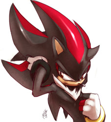 Size: 600x661 | Tagged: safe, artist:evmousser, shadow the hedgehog, hedgehog, 2010, fingerless gloves, frown, lidded eyes, male, signature, simple background, solo, white background