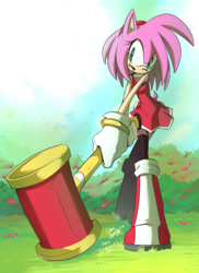 Size: 600x825 | Tagged: safe, artist:evmousser, artist:syaming-li, amy rose, hedgehog, 2010, collaboration, daytime, eyelashes, female, flower, grass, holding something, looking at viewer, mouth open, outdoors, piko piko hammer, smile, solo, standing, stockings