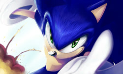 Size: 900x540 | Tagged: safe, artist:evmousser, sonic the hedgehog, hedgehog, 2011, explosion, lineless, looking at viewer, male, reaching out, reaching towards the viewer, running, running towards viewer, simple background, smile, solo, white background